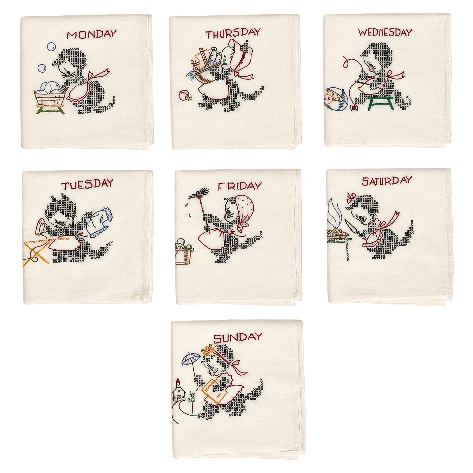 Antique set of seven Days of the Week embroidered towels, complete set Monday through Sunday