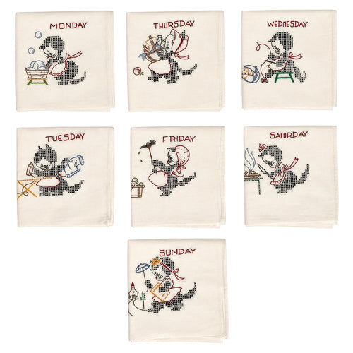 Antique set of seven Days of the Week embroidered towels, complete set Monday through Sunday