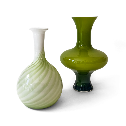 Set of Two Green and White Glass Vases
