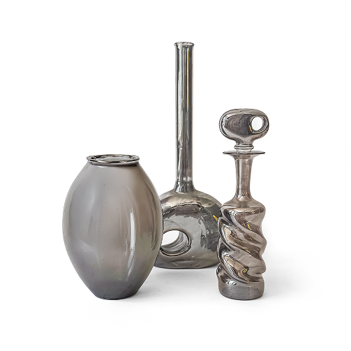 Set of Three Sculptural Vases in Metallic Grey Glass