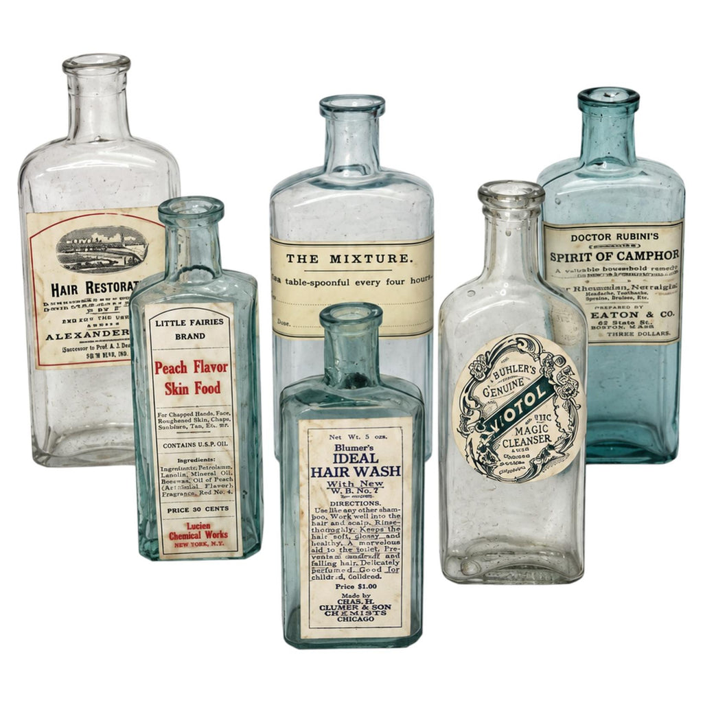 Set of Six Antique Apothecary Bottles with Original Victorian Labels