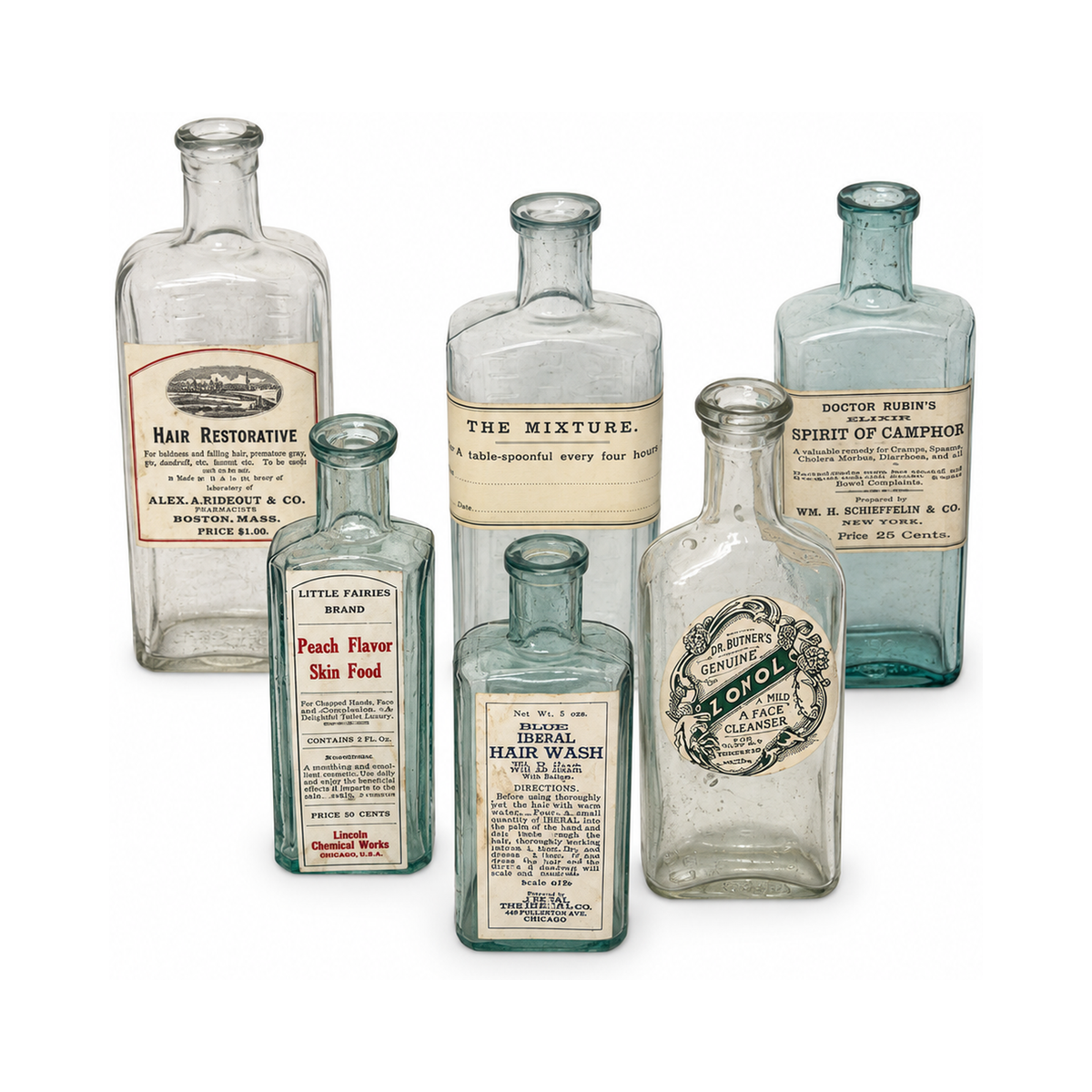 Set of Six Antique Apothecary Bottles with Original Victorian Labels