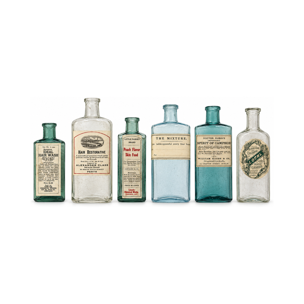 Set of Six Antique Apothecary Bottles with Original Victorian Labels