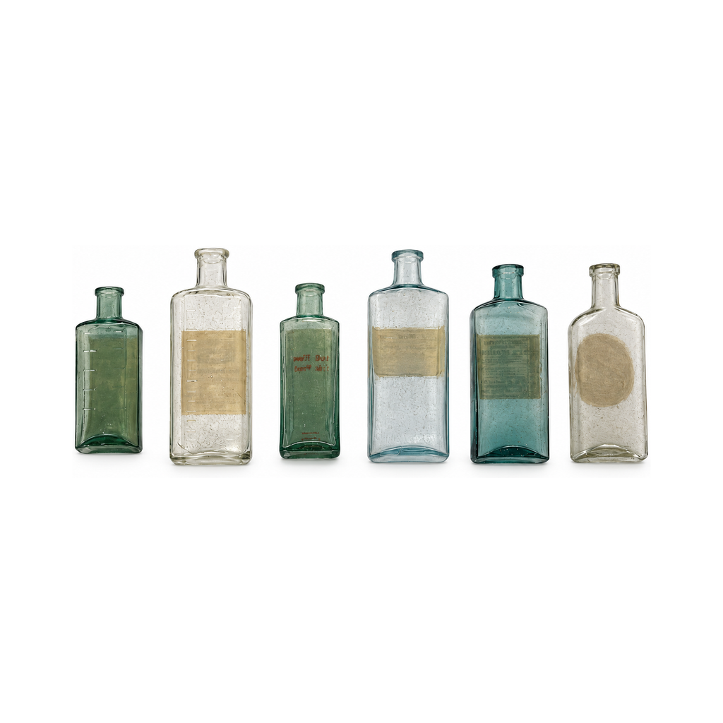 Set of Six Antique Apothecary Bottles with Original Victorian Labels