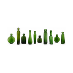 Collection of Nine Unique Antique Green Glass Apothecary Bottles