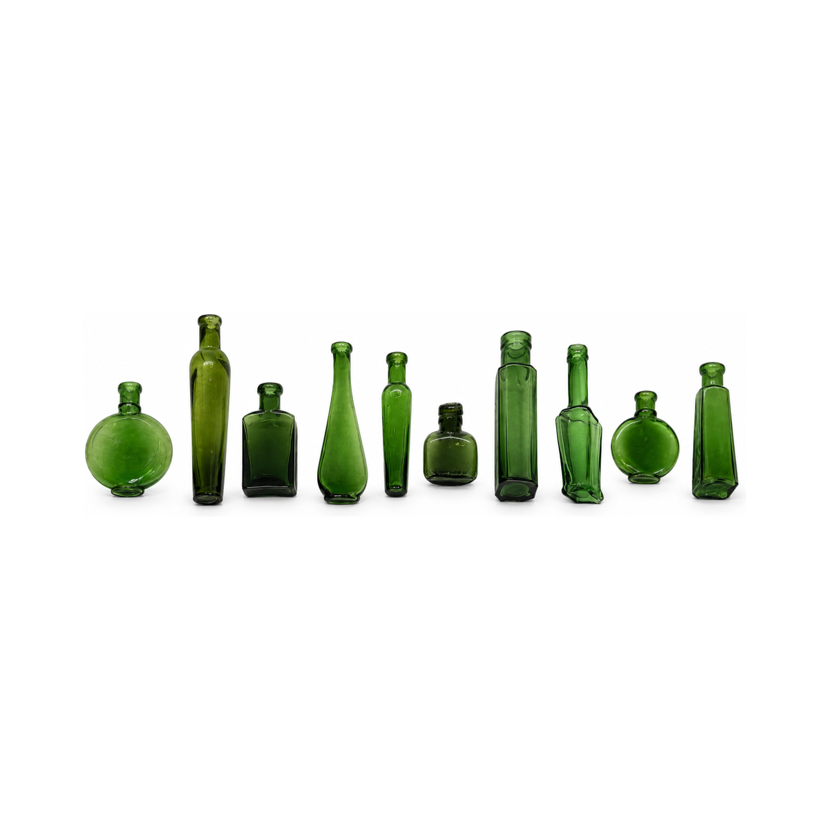 Collection of Nine Unique Antique Green Glass Apothecary Bottles