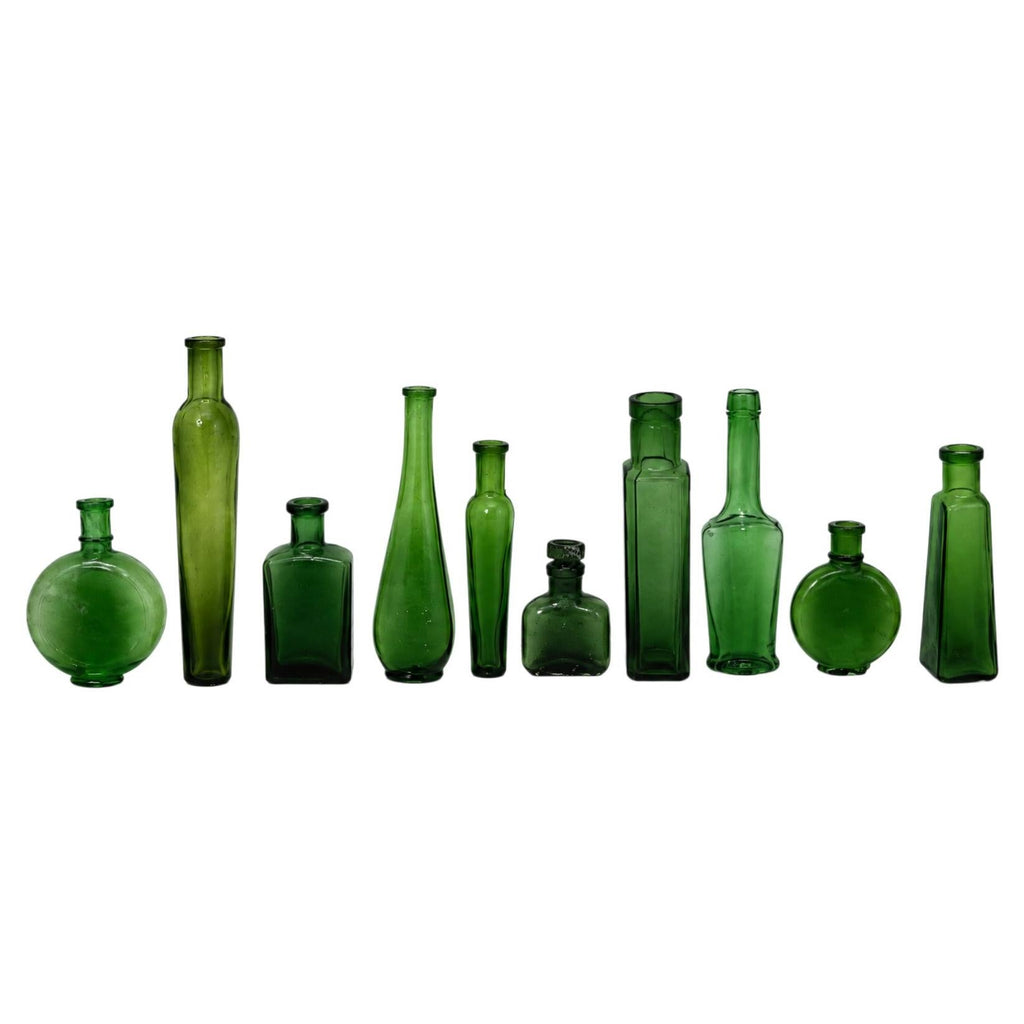 Collection of Nine Unique Antique Green Glass Apothecary Bottles