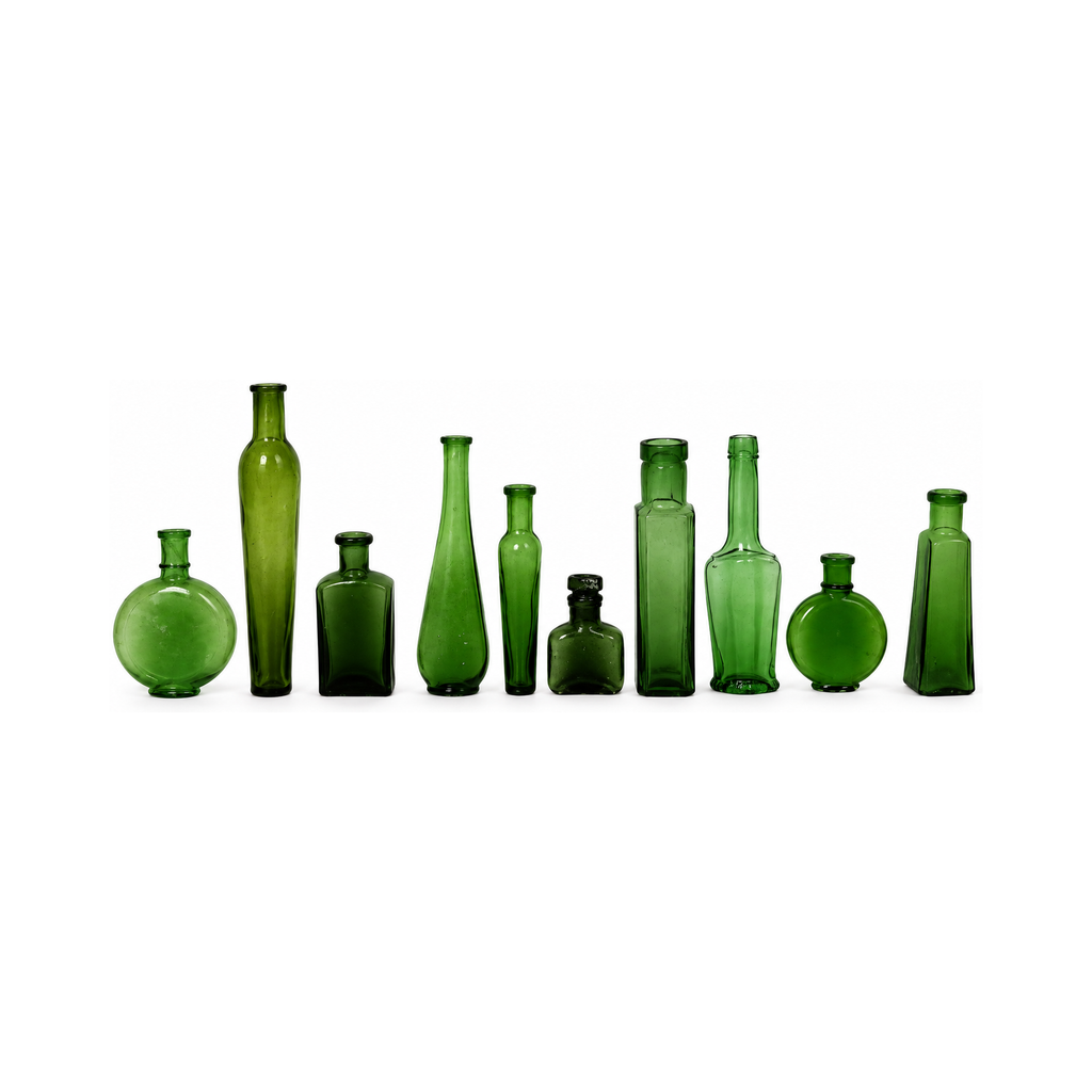 Collection of Nine Unique Antique Green Glass Apothecary Bottles