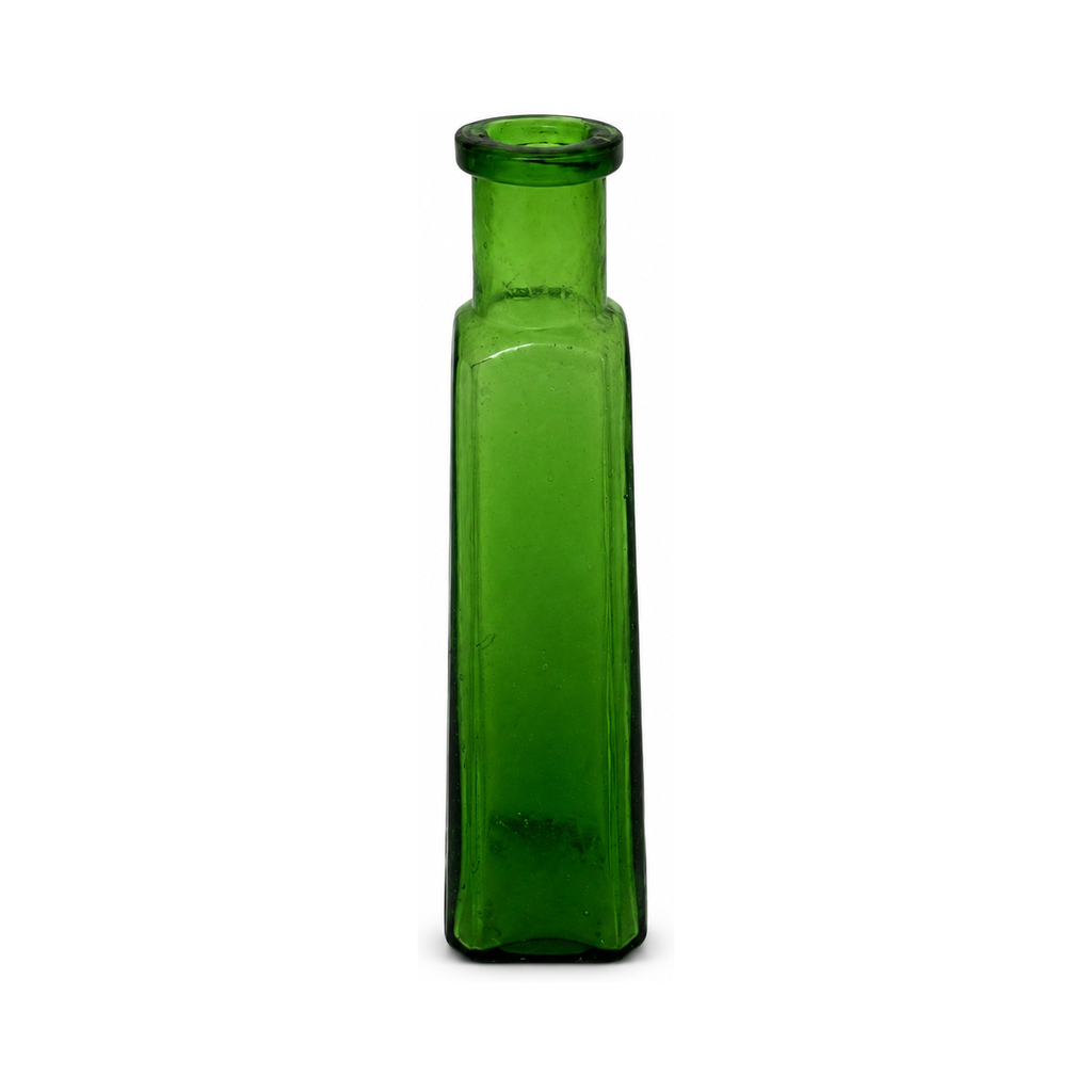 Collection of Nine Unique Antique Green Glass Apothecary Bottles