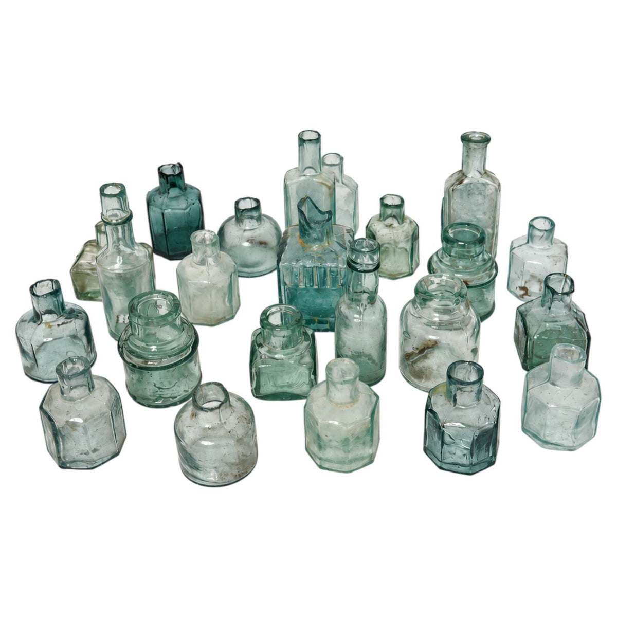 19th Century Antique English Aqua Glass Ink Bottles Collection
