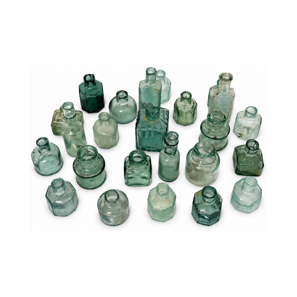 19th Century Antique English Aqua Glass Ink Bottles Collection