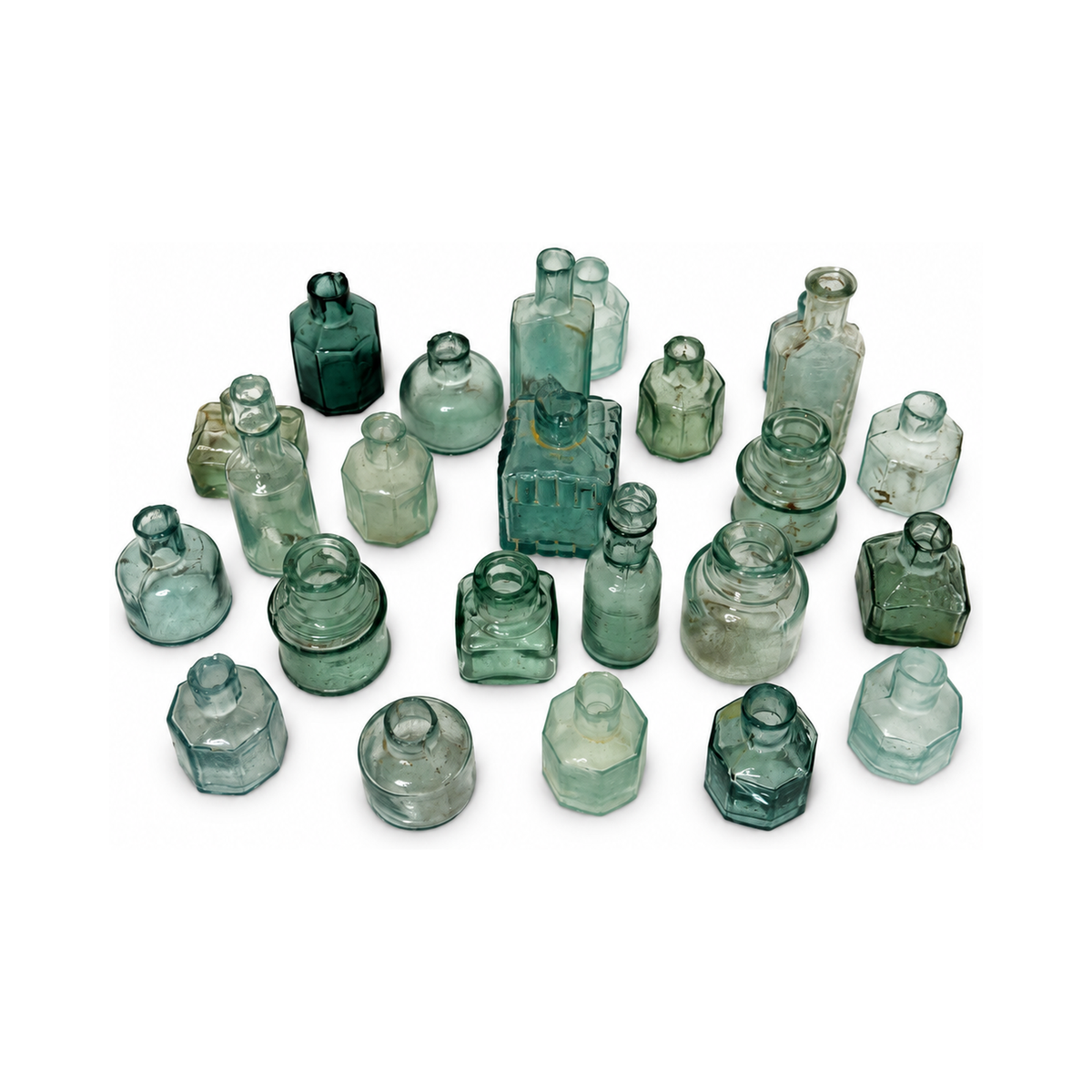 19th Century Antique English Aqua Glass Ink Bottles Collection