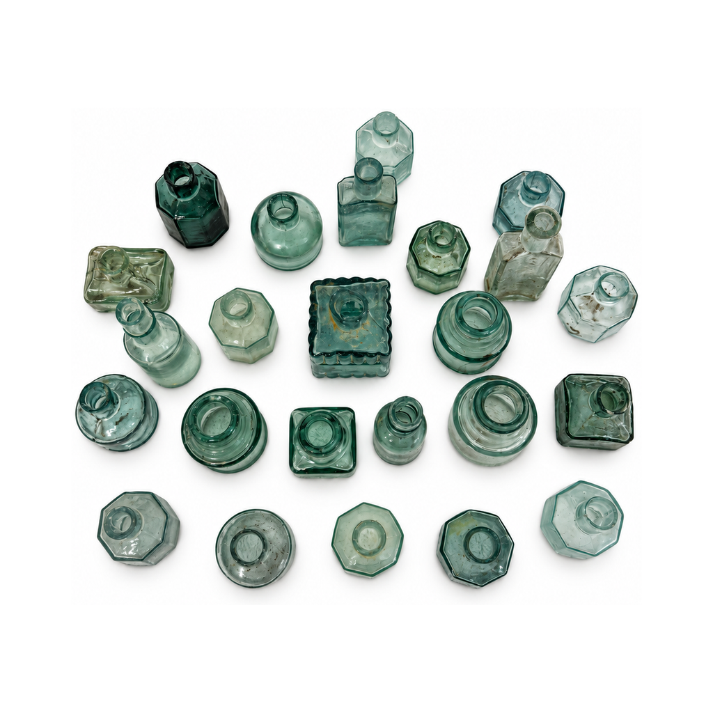 19th Century Antique English Aqua Glass Ink Bottles Collection