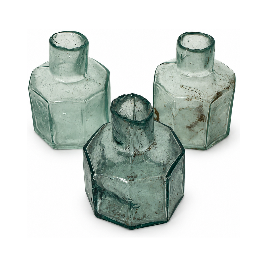 19th Century Antique English Aqua Glass Ink Bottles Collection