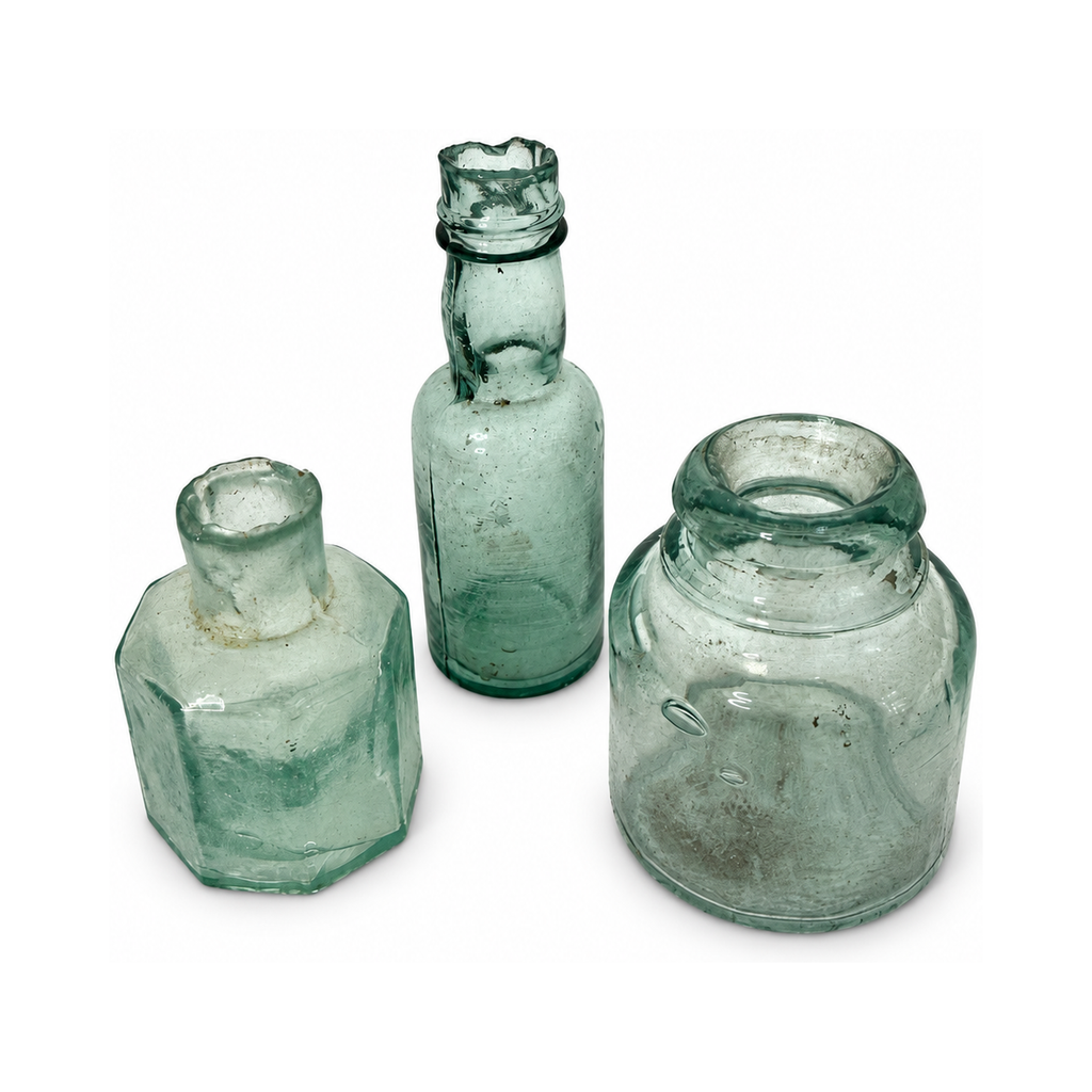 19th Century Antique English Aqua Glass Ink Bottles Collection