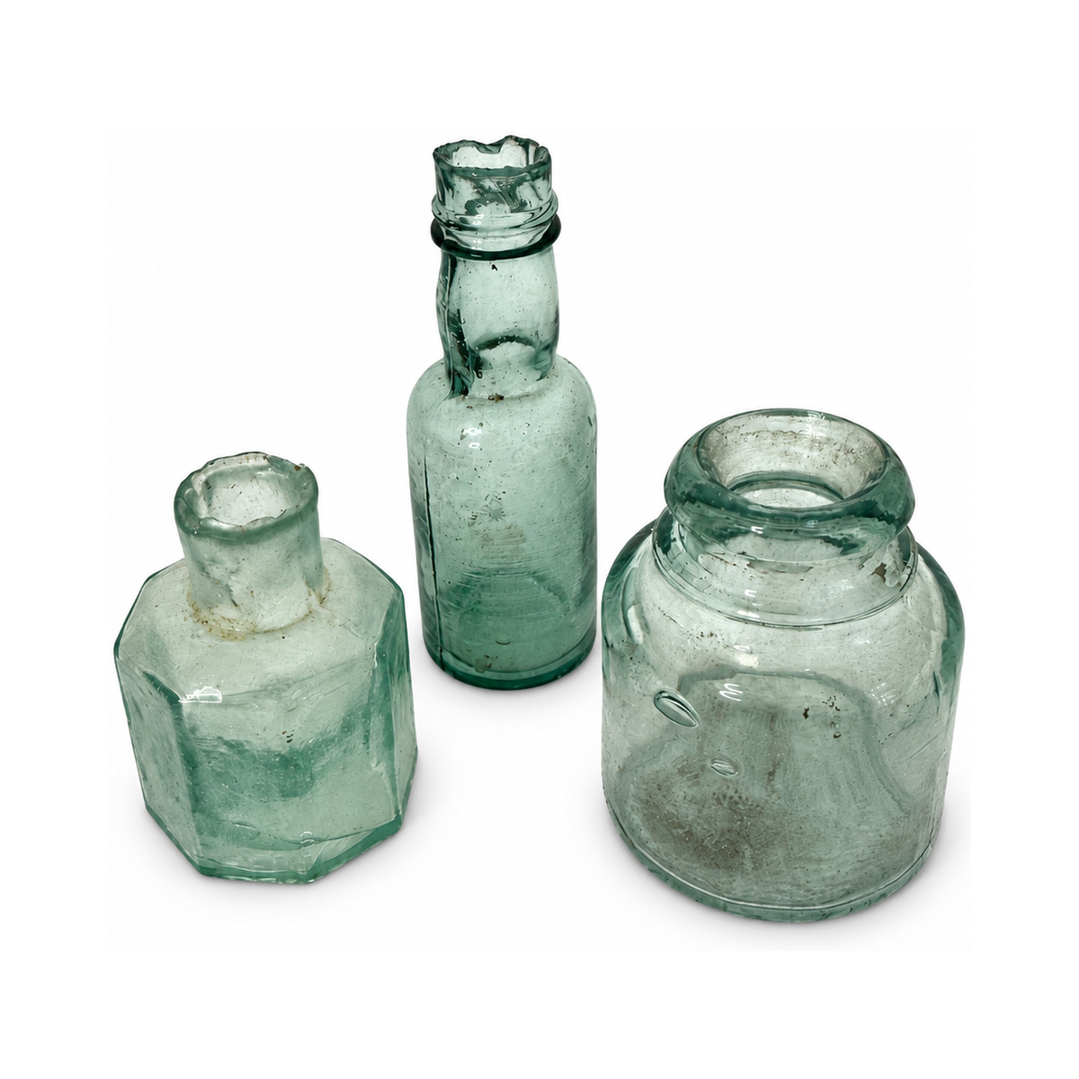 19th Century Antique English Aqua Glass Ink Bottles Collection