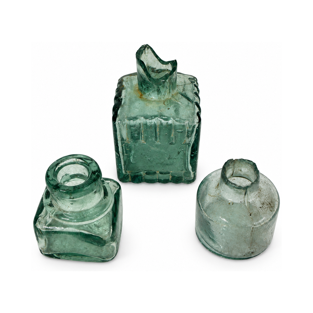 19th Century Antique English Aqua Glass Ink Bottles Collection