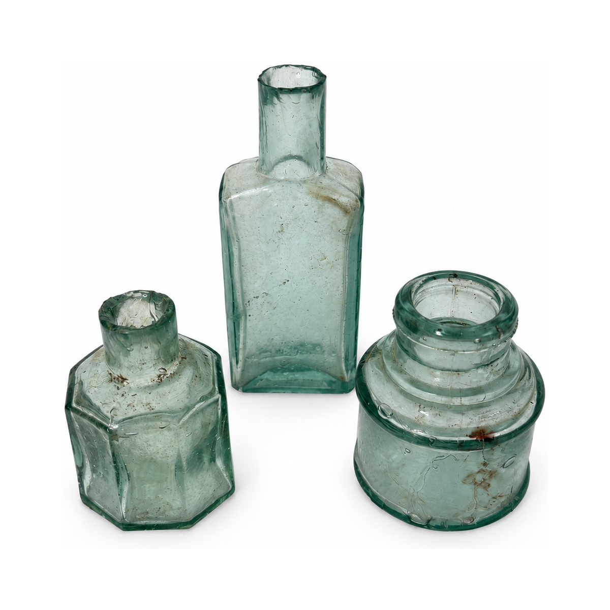 19th Century Antique English Aqua Glass Ink Bottles Collection