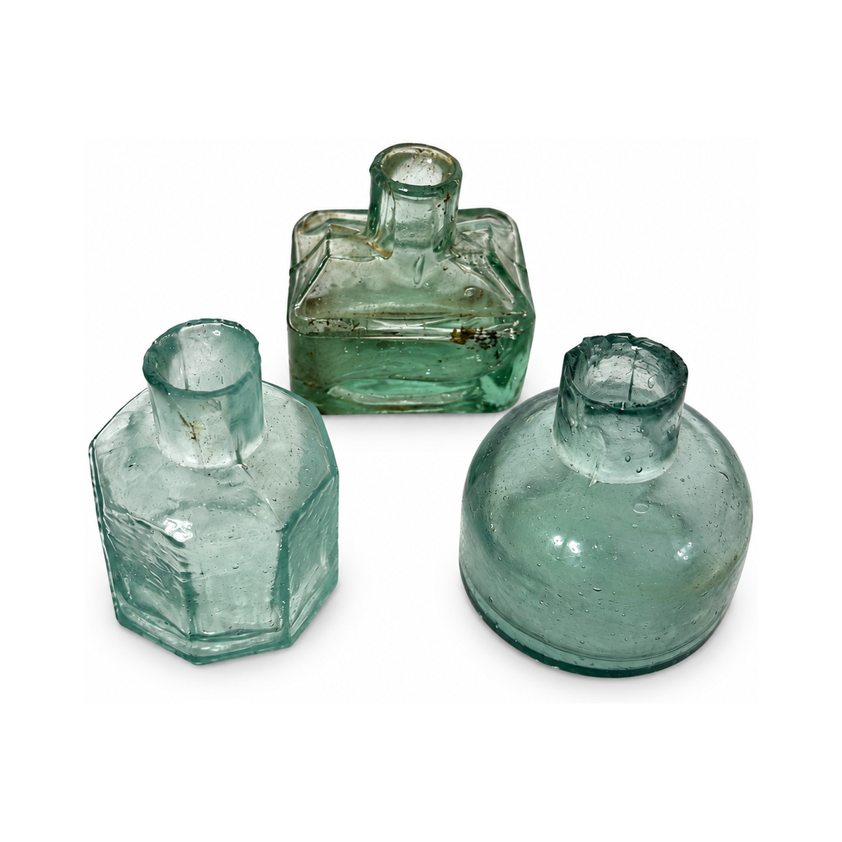 19th Century Antique English Aqua Glass Ink Bottles Collection