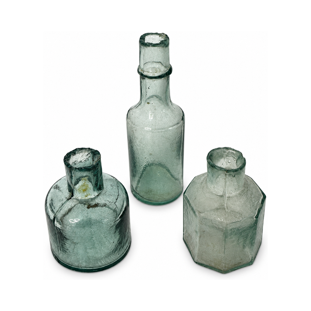 19th Century Antique English Aqua Glass Ink Bottles Collection