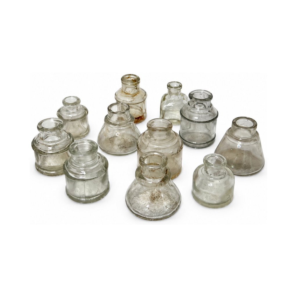 Victorian Era Antique English Ink Bottles Collection, Clear Glass