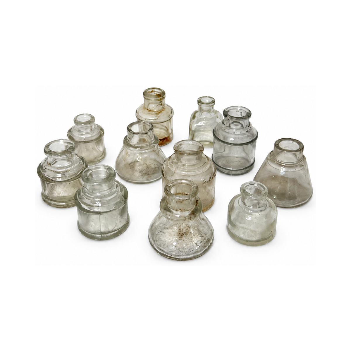 Victorian Era Antique English Ink Bottles Collection, Clear Glass