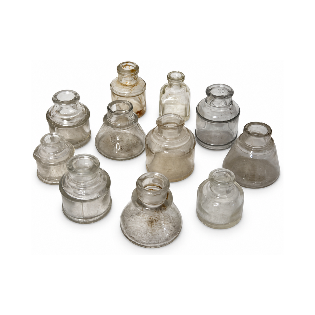 Victorian Era Antique English Ink Bottles Collection, Clear Glass