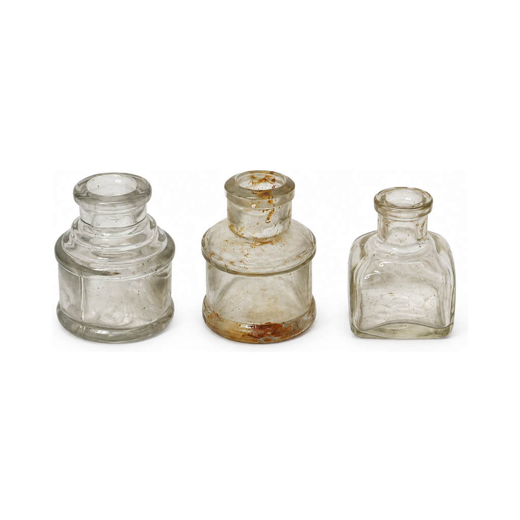 Victorian Era Antique English Ink Bottles Collection, Clear Glass