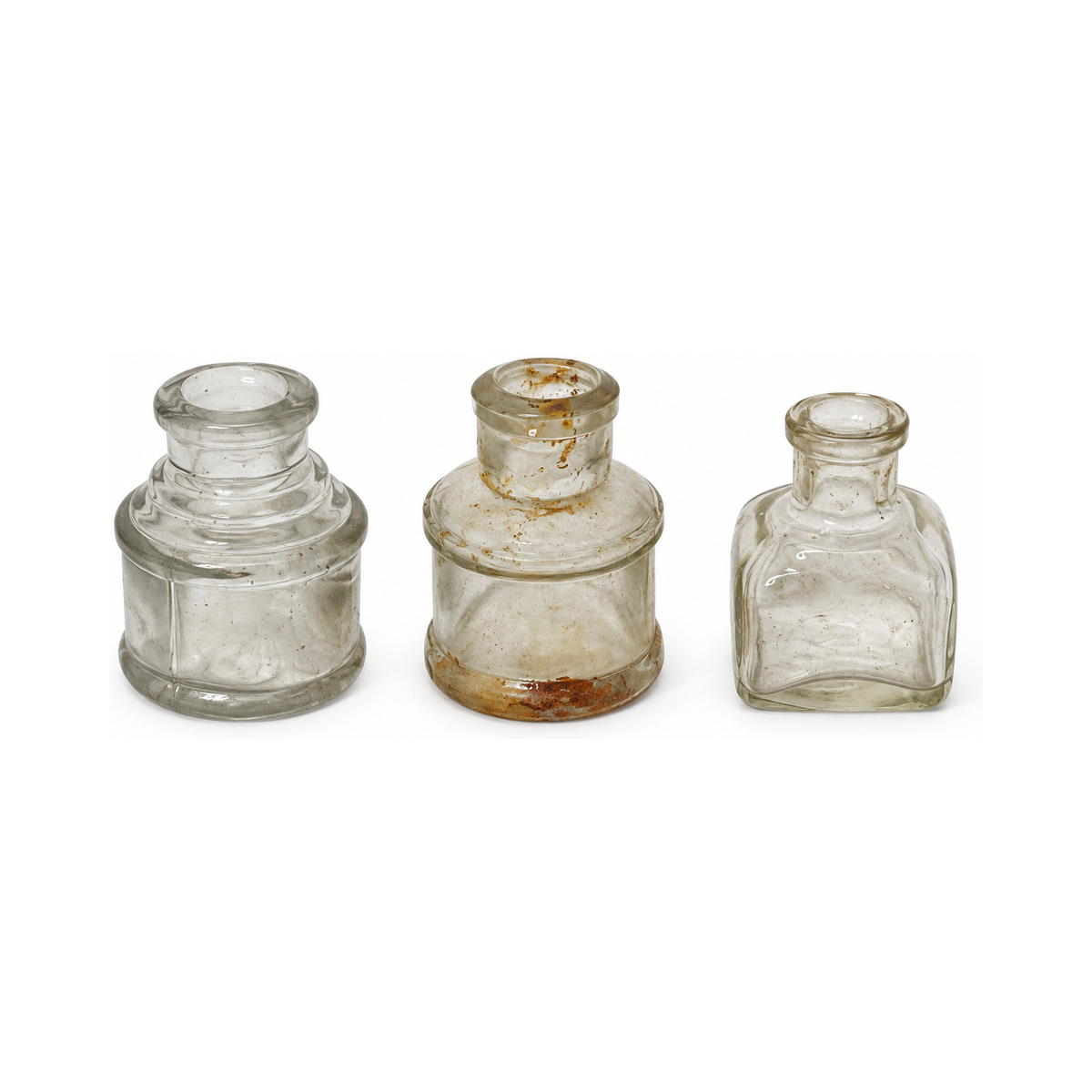 Victorian Era Antique English Ink Bottles Collection, Clear Glass