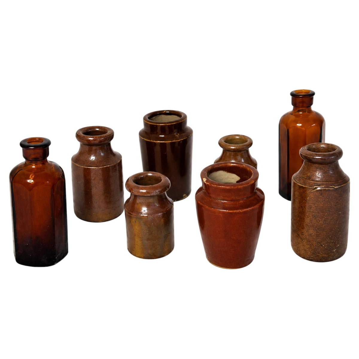Vintage English Stoneware Ink Bottles & Amber Glass Collection