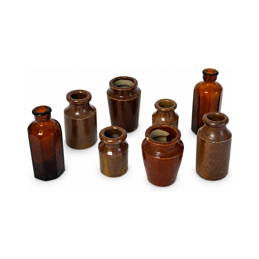 Vintage English Stoneware Ink Bottles & Amber Glass Collection