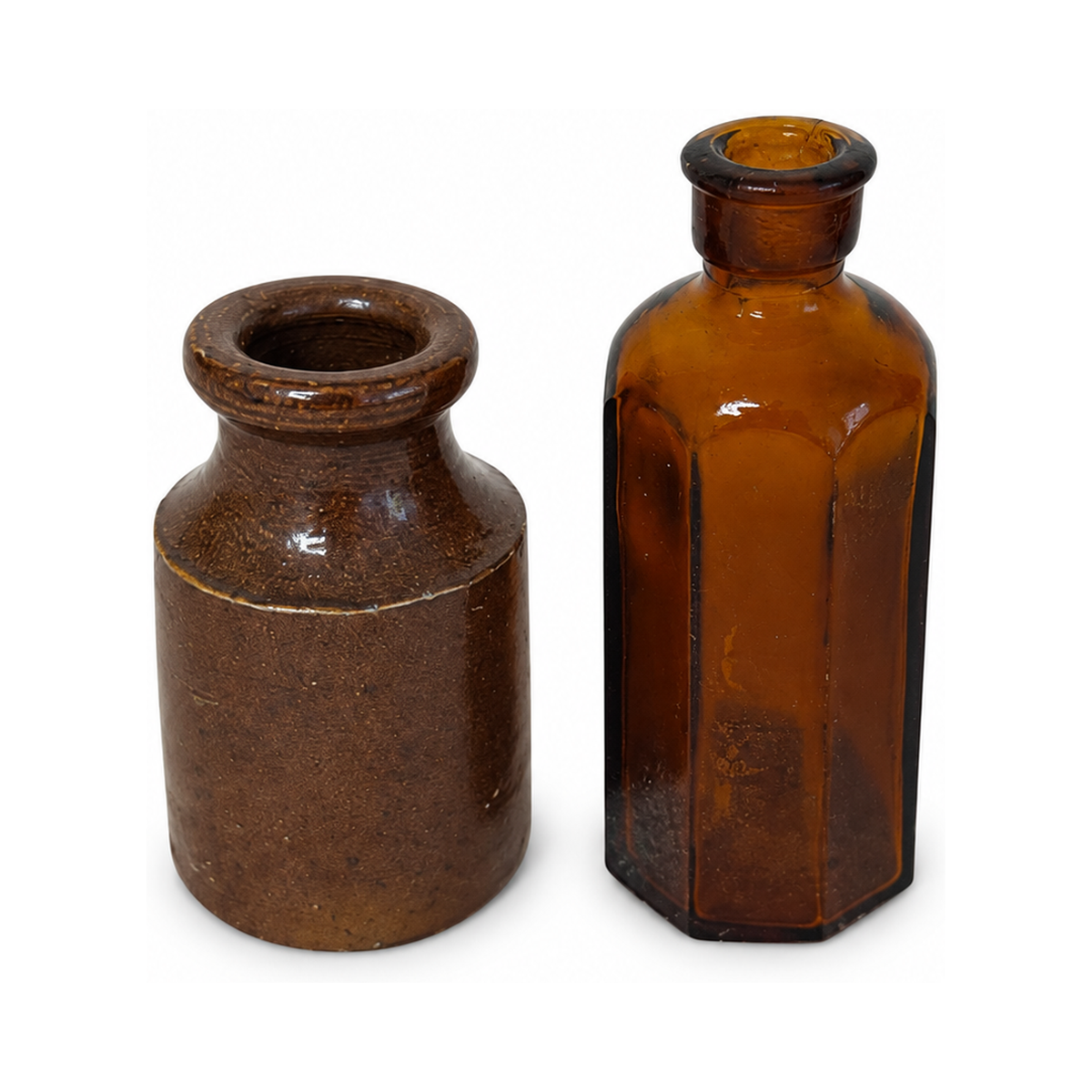 Vintage English Stoneware Ink Bottles & Amber Glass Collection