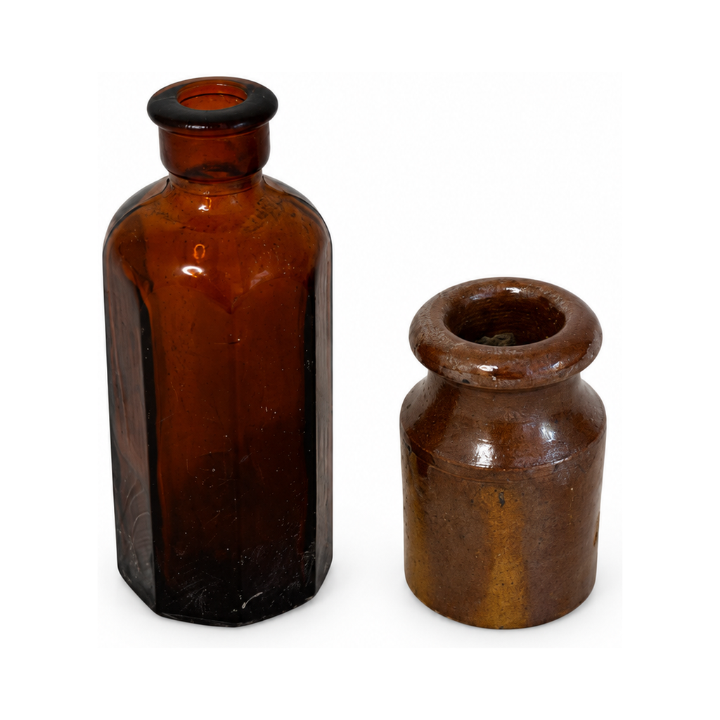 Vintage English Stoneware Ink Bottles & Amber Glass Collection