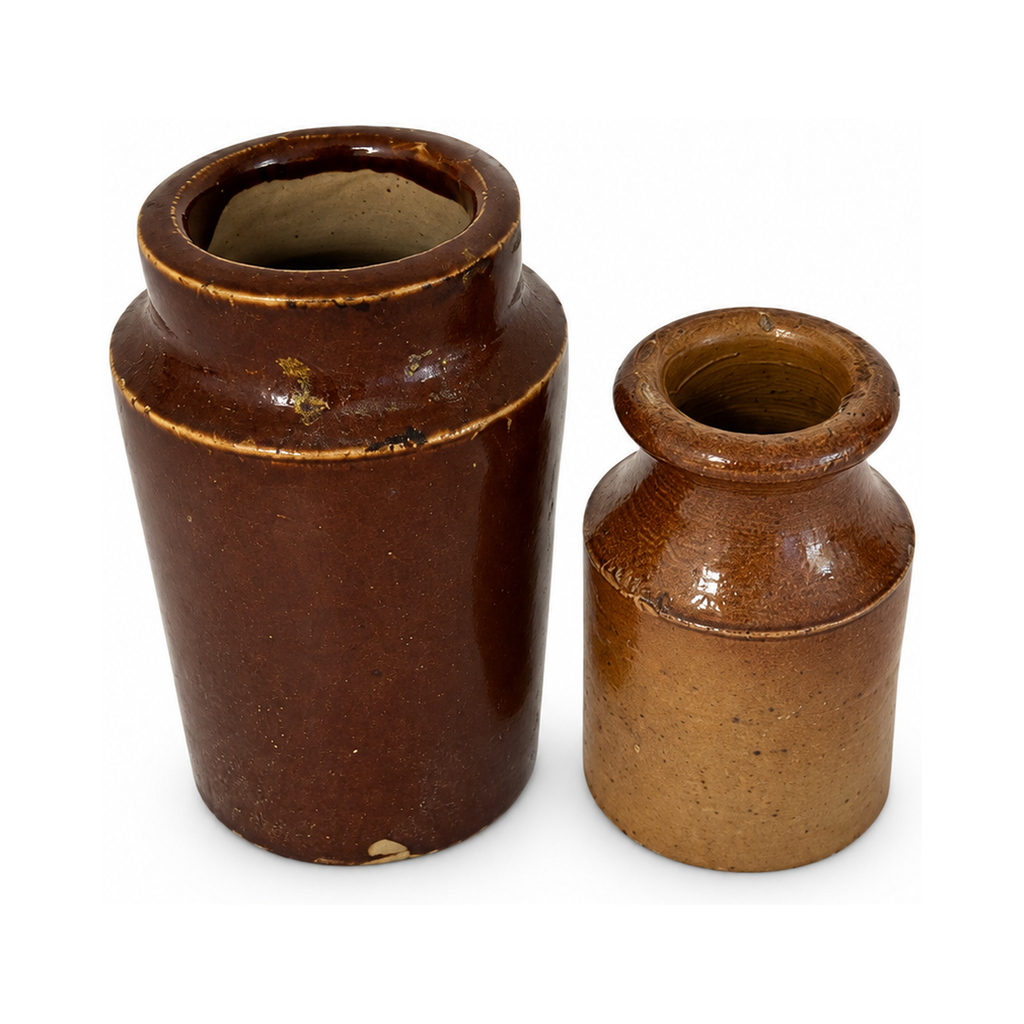 Vintage English Stoneware Ink Bottles & Amber Glass Collection