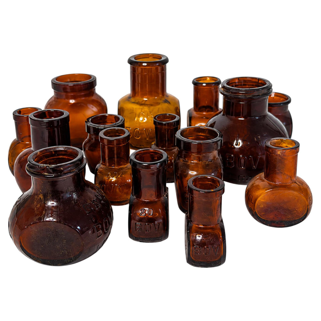 Collection of 15 Antique Amber Glass Bovril Jars, Late 19th Century