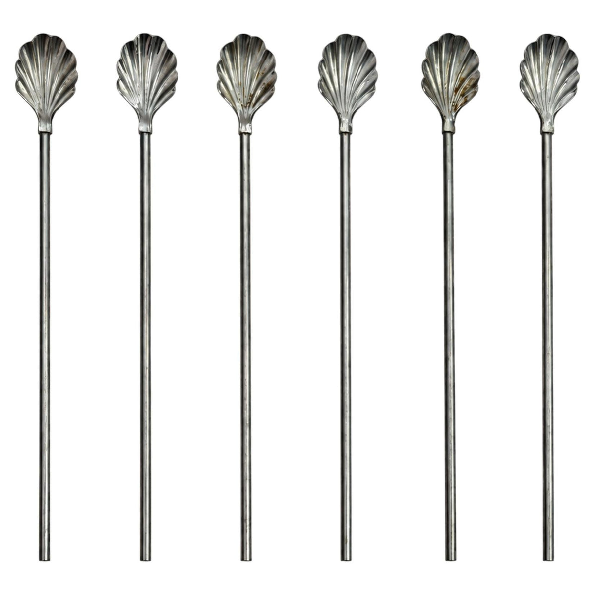 Vintage Set of Six Shell-Top Metal Cocktail Straws and Swizzle Sticks