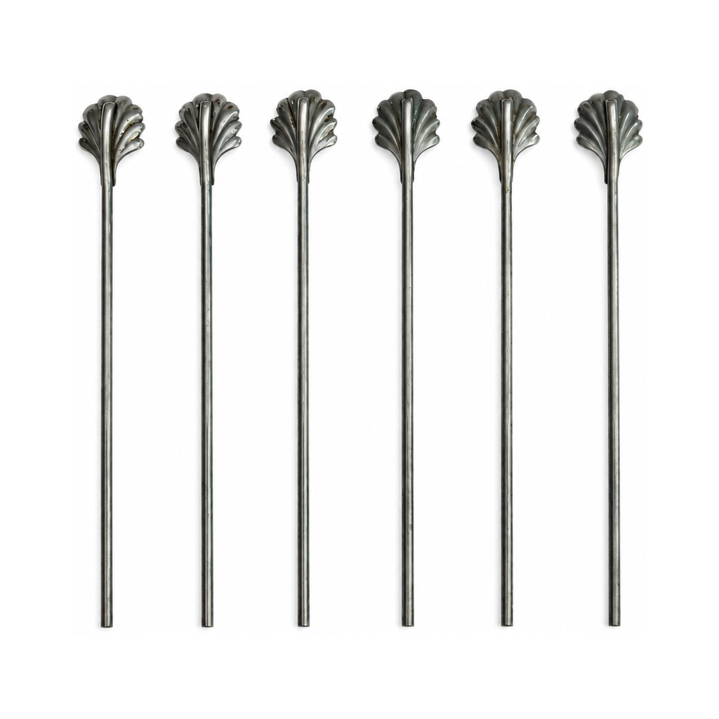 Vintage Set of Six Shell-Top Metal Cocktail Straws and Swizzle Sticks