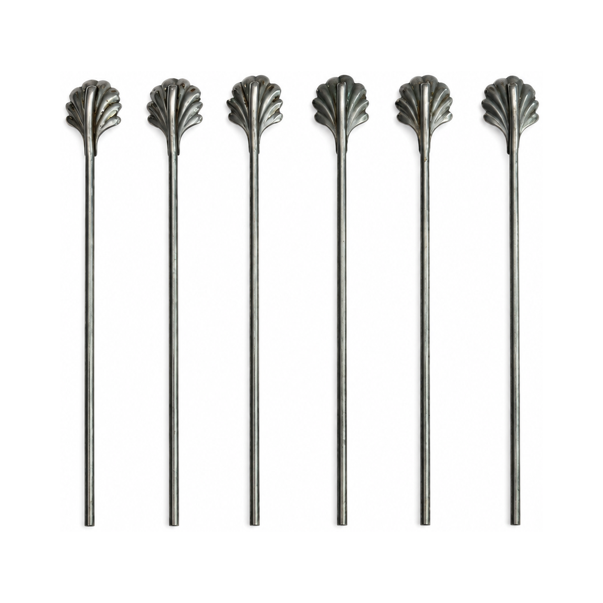 Vintage Set of Six Shell-Top Metal Cocktail Straws and Swizzle Sticks