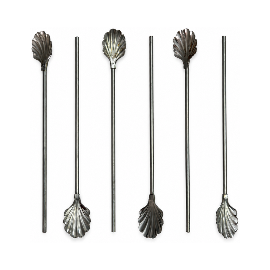 Vintage Set of Six Shell-Top Metal Cocktail Straws and Swizzle Sticks