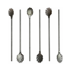 Vintage Set of Six Shell-Top Metal Cocktail Straws and Swizzle Sticks