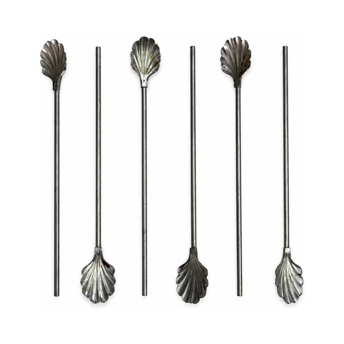 Vintage Set of Six Shell-Top Metal Cocktail Straws and Swizzle Sticks