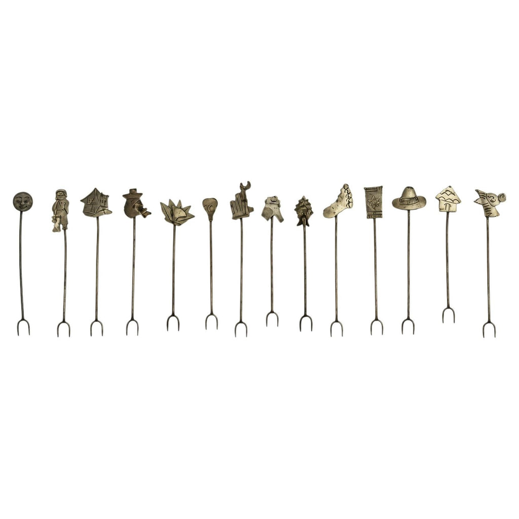 Vintage Set of 14 Alpaca Cocktail Forks, Mexican Novelty Designs, 1980