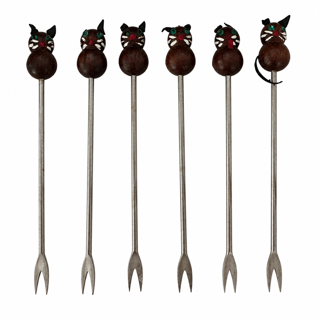 Vintage Japanese Cat Cocktail Picks Set with Wooden Holder, 1950s