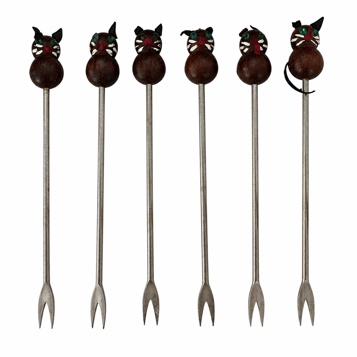 Vintage Japanese Cat Cocktail Picks Set with Wooden Holder, 1950s