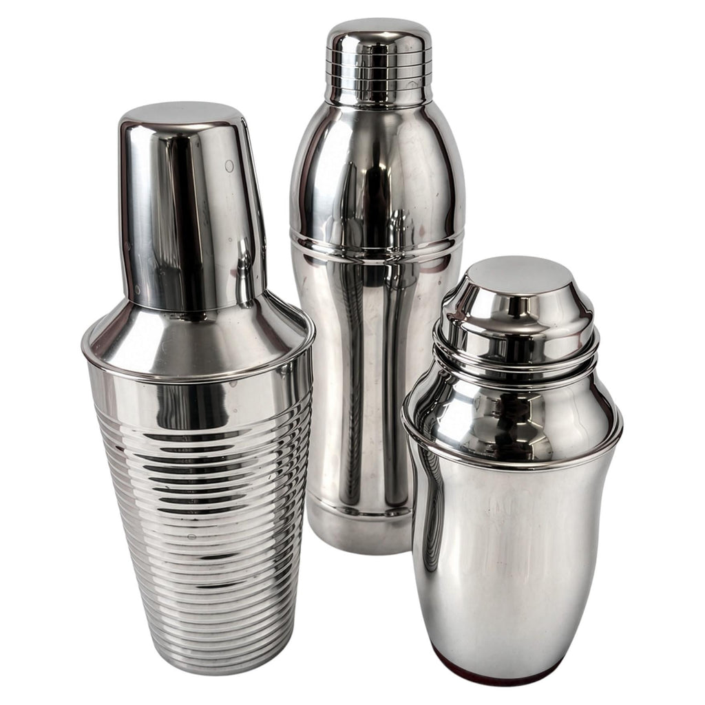 Set of Three Vintage Chrome Cocktail Shakers in Distinctive Shapes