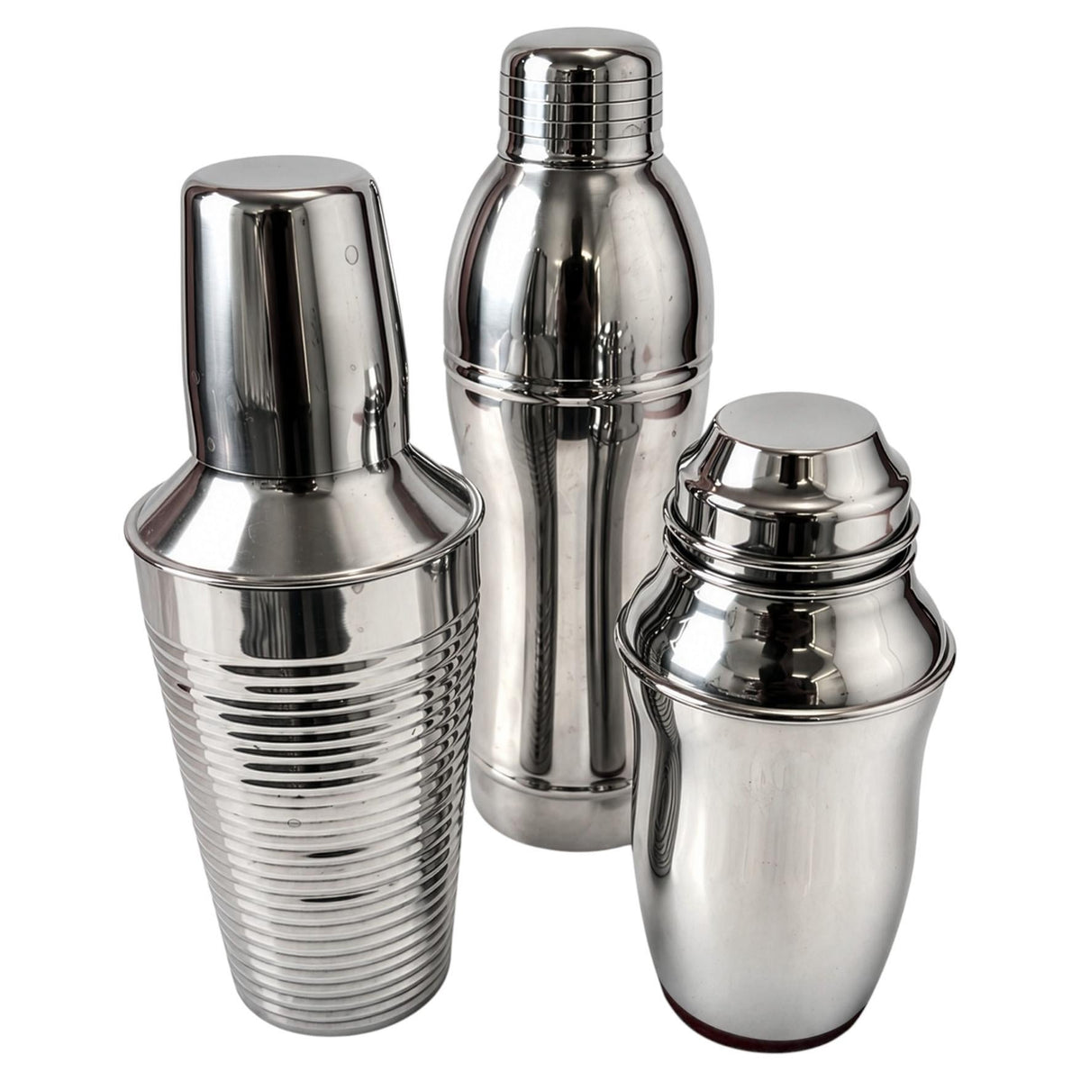 Set of Three Vintage Chrome Cocktail Shakers in Distinctive Shapes