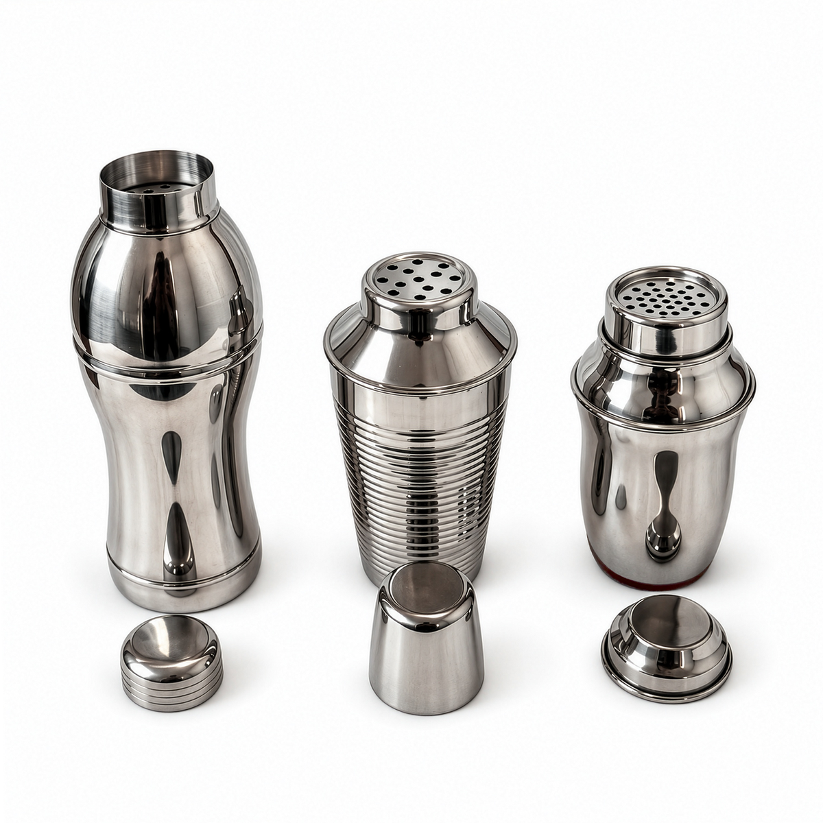 Set of Three Vintage Chrome Cocktail Shakers in Distinctive Shapes