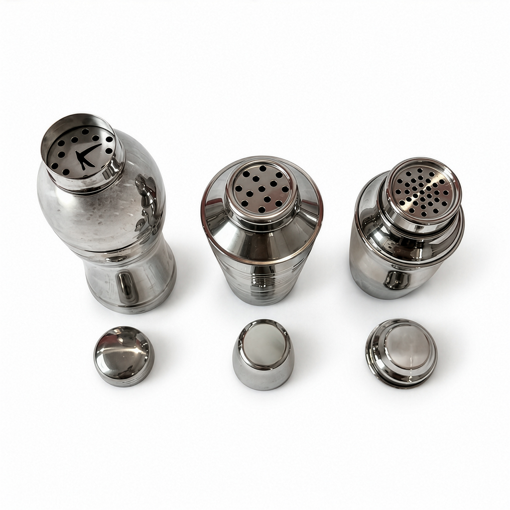 Set of Three Vintage Chrome Cocktail Shakers in Distinctive Shapes