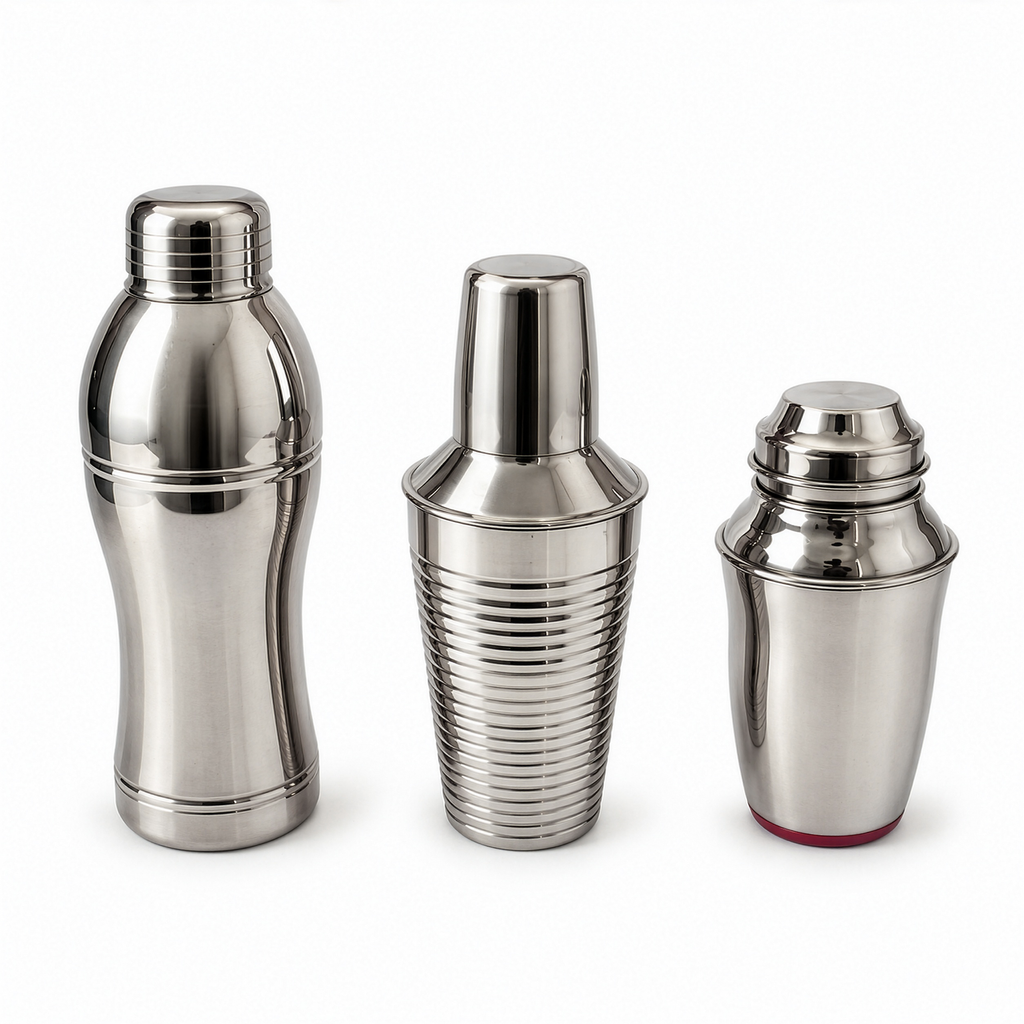 Set of Three Vintage Chrome Cocktail Shakers in Distinctive Shapes