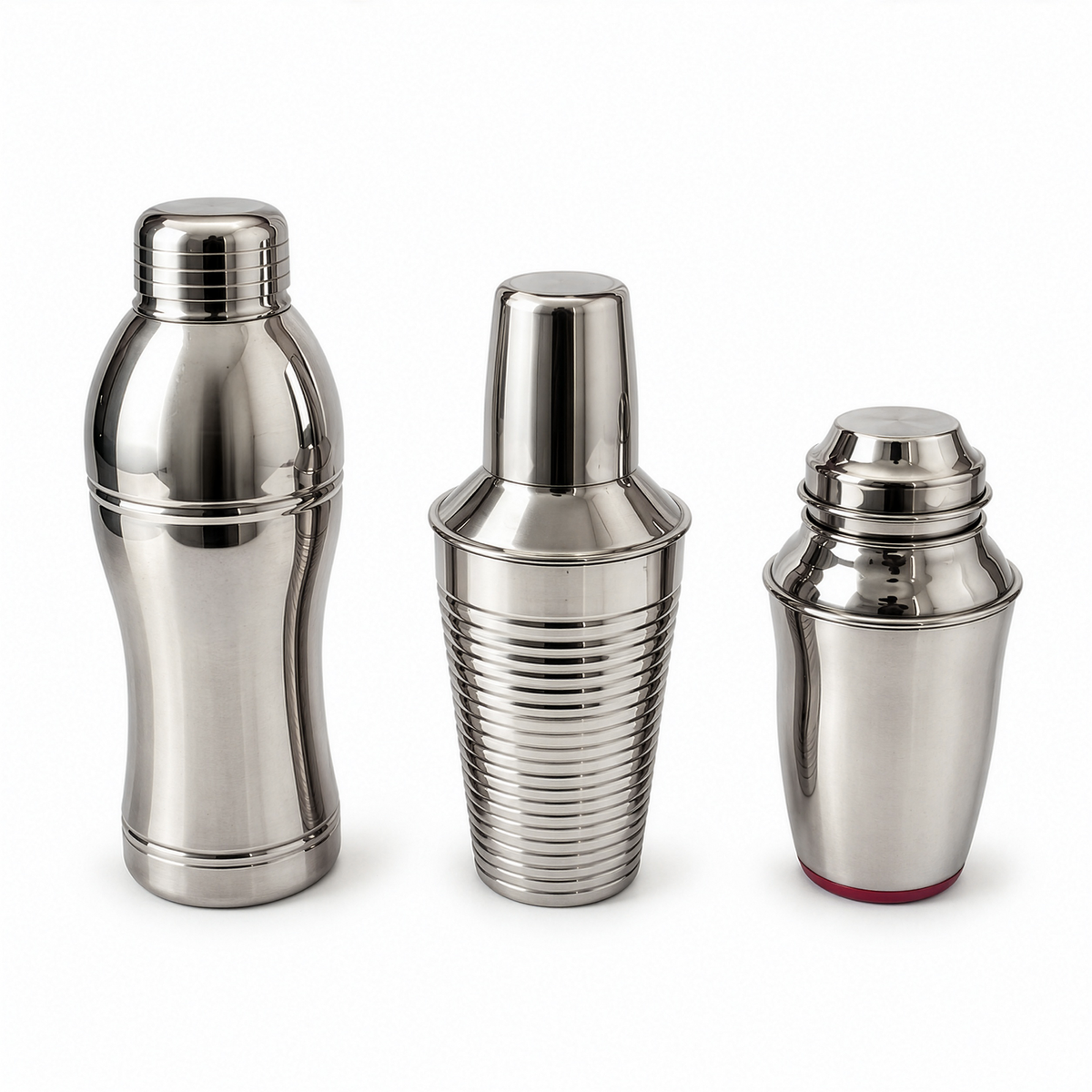 Set of Three Vintage Chrome Cocktail Shakers in Distinctive Shapes